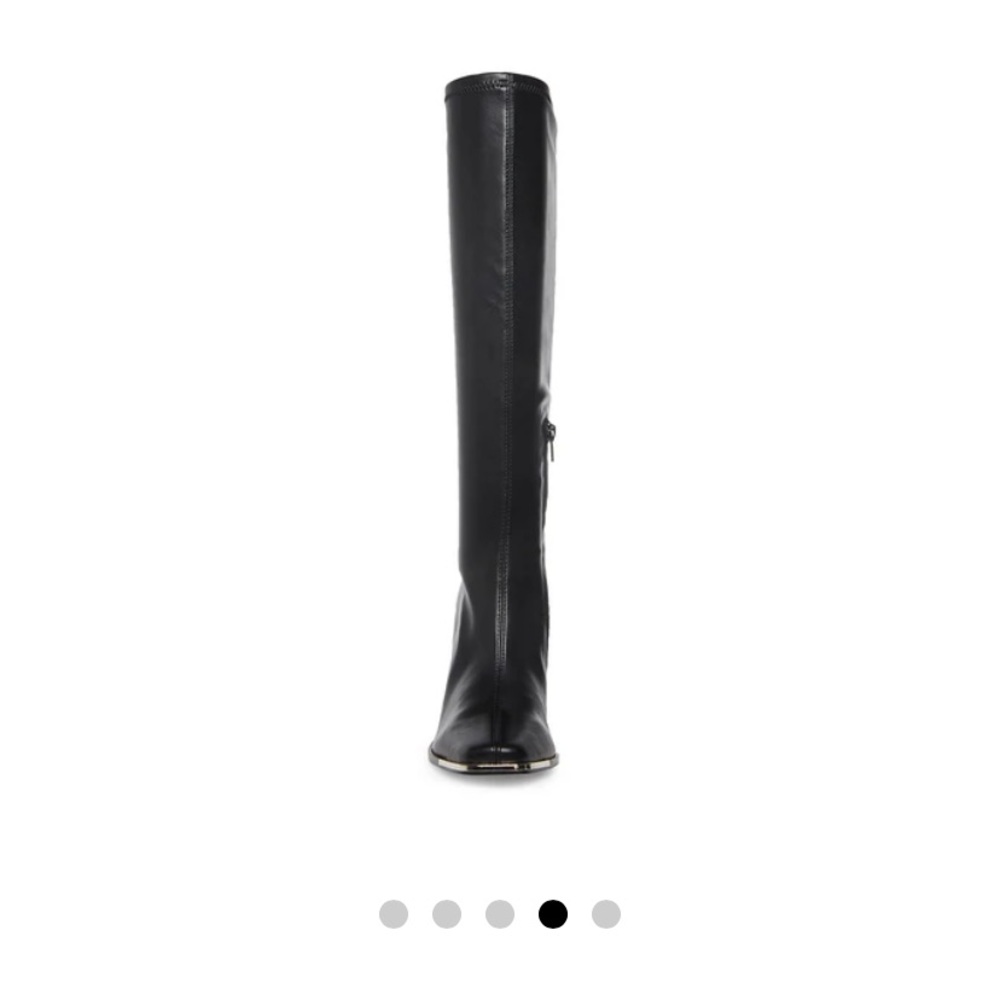 Womens black heeled, square toe boot with silver detail in front. Super cute.
